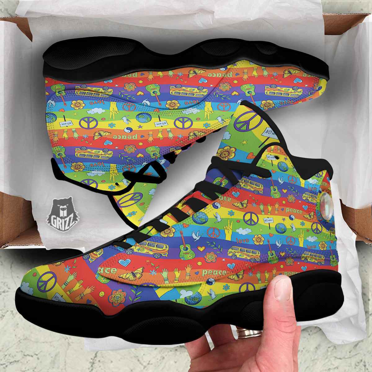 Hippie Drawing Psychedelic Wave Print Pattern Black Basketball Shoes-grizzshop