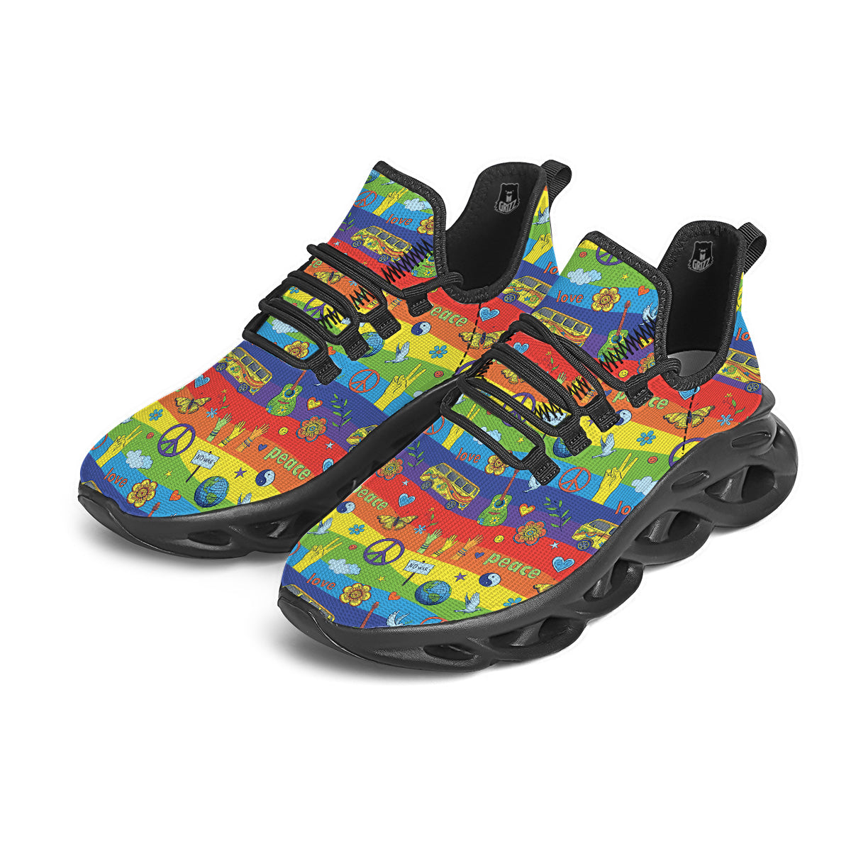 Hippie Drawing Psychedelic Wave Print Pattern Black Running Shoes-grizzshop