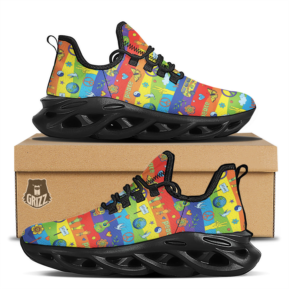 Hippie Drawing Psychedelic Wave Print Pattern Black Running Shoes-grizzshop
