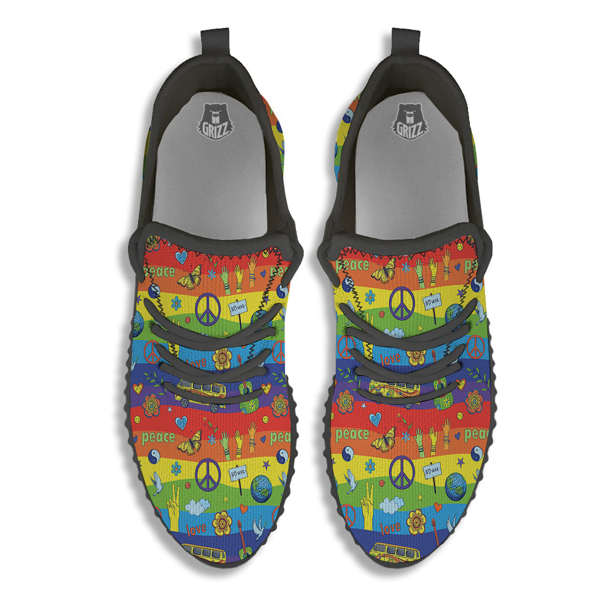 Hippie Drawing Psychedelic Wave Print Pattern Black Walking Shoes-grizzshop