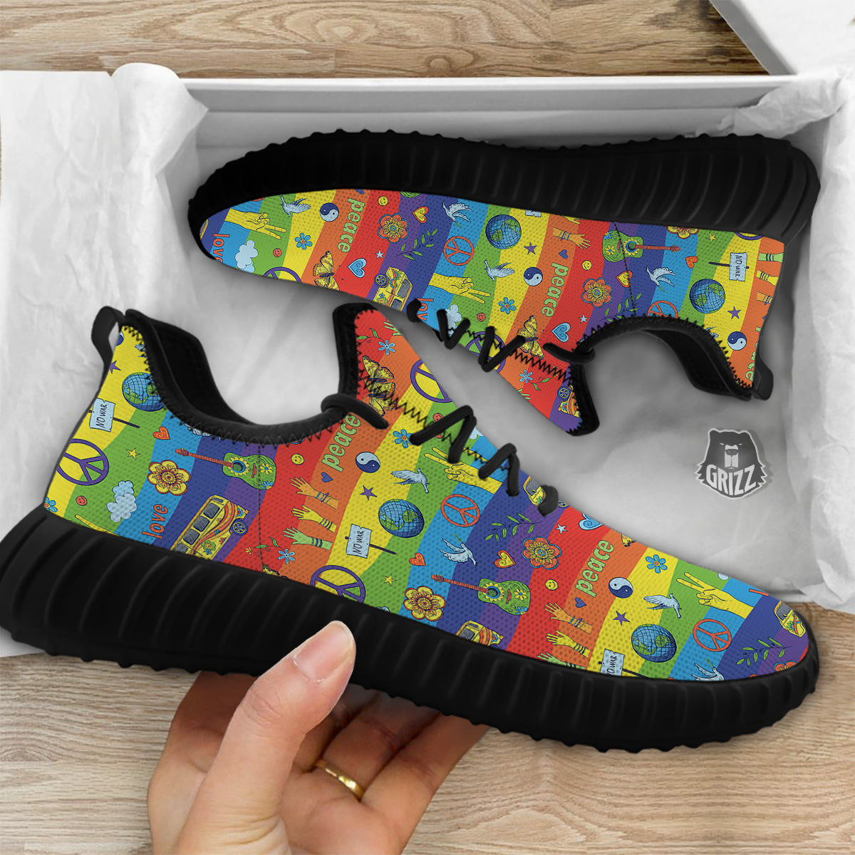 Hippie Drawing Psychedelic Wave Print Pattern Black Walking Shoes-grizzshop
