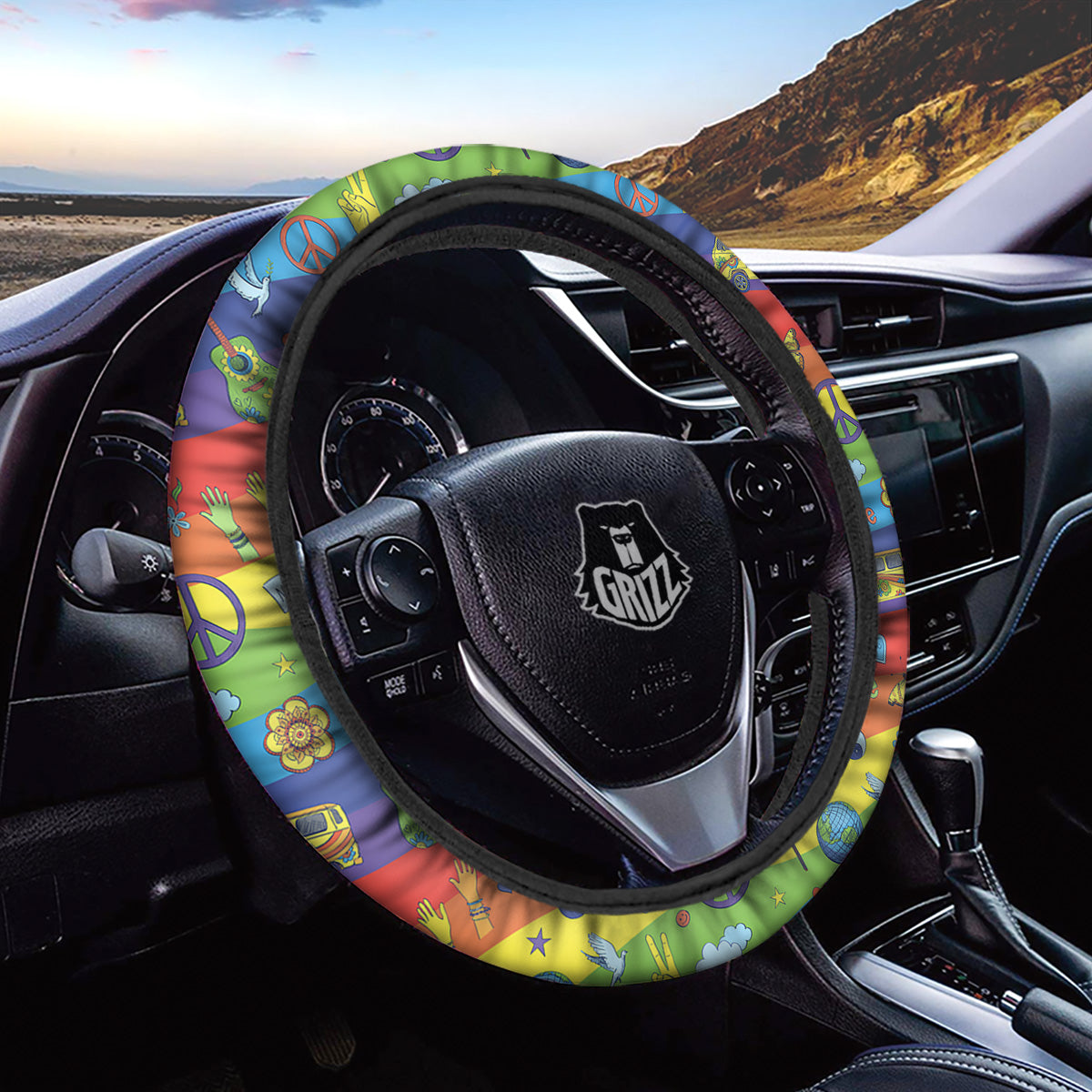 Hippie Drawing Psychedelic Wave Print Pattern Car Steering Wheel Cover-grizzshop