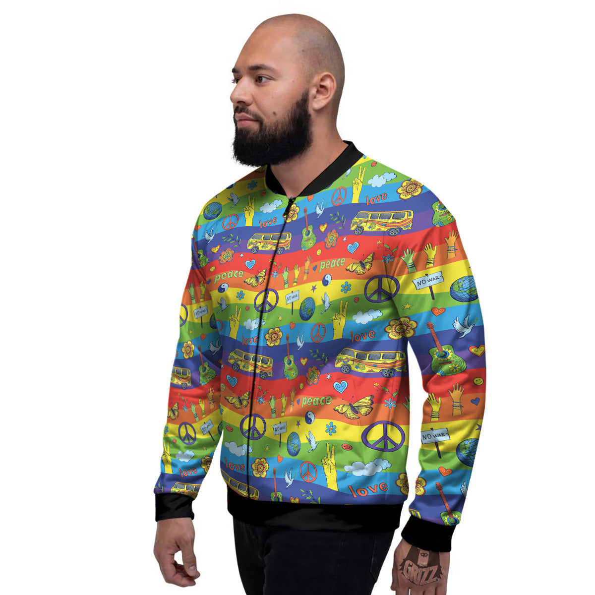 Hippie Drawing Psychedelic Wave Print Pattern Men's Bomber Jacket-grizzshop