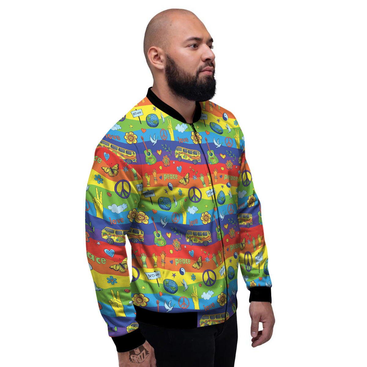 Hippie Drawing Psychedelic Wave Print Pattern Men's Bomber Jacket-grizzshop