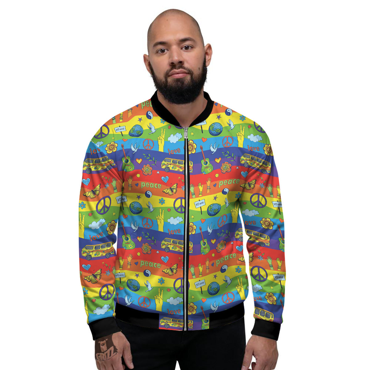 Hippie Drawing Psychedelic Wave Print Pattern Men's Bomber Jacket-grizzshop