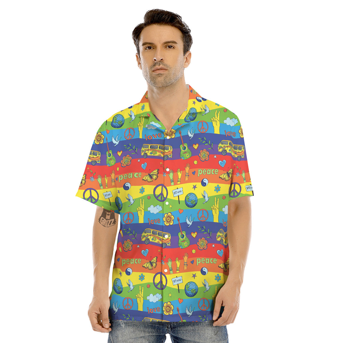 Hippie Drawing Psychedelic Wave Print Pattern Men's Hawaiian Shirt-grizzshop