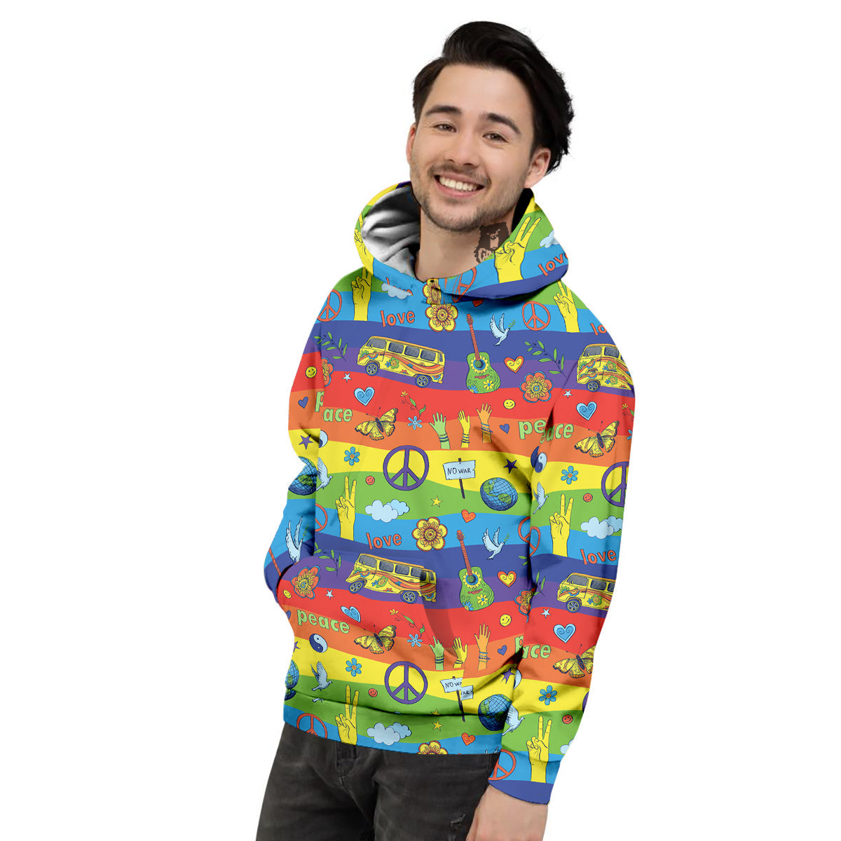 Hippie Drawing Psychedelic Wave Print Pattern Men's Hoodie-grizzshop