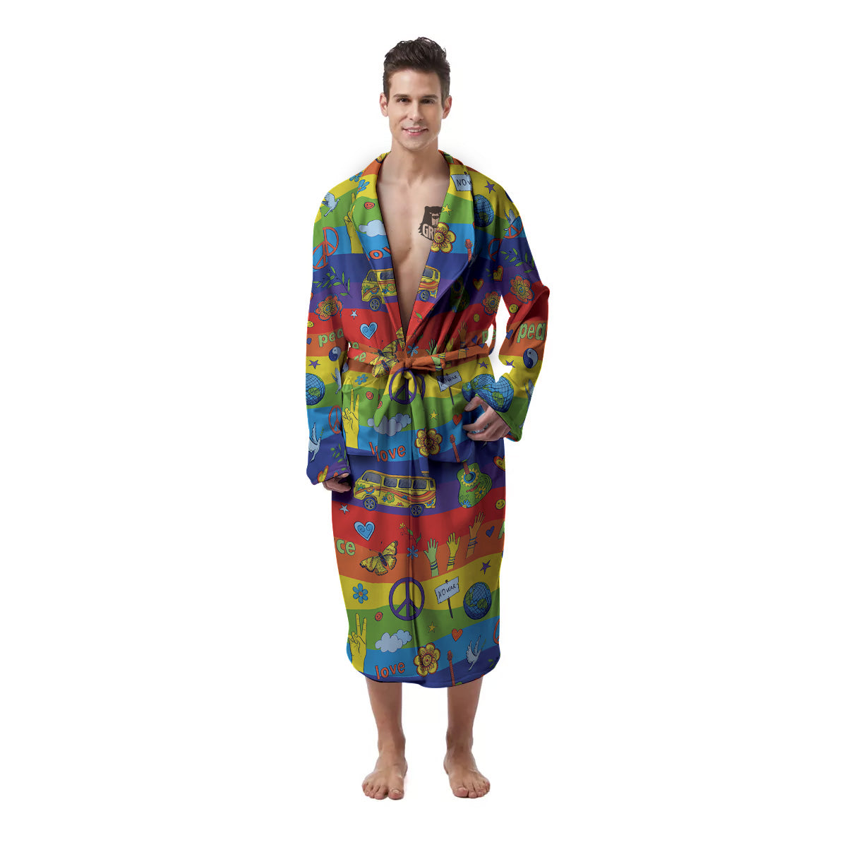 Hippie Drawing Psychedelic Wave Print Pattern Men's Robe-grizzshop