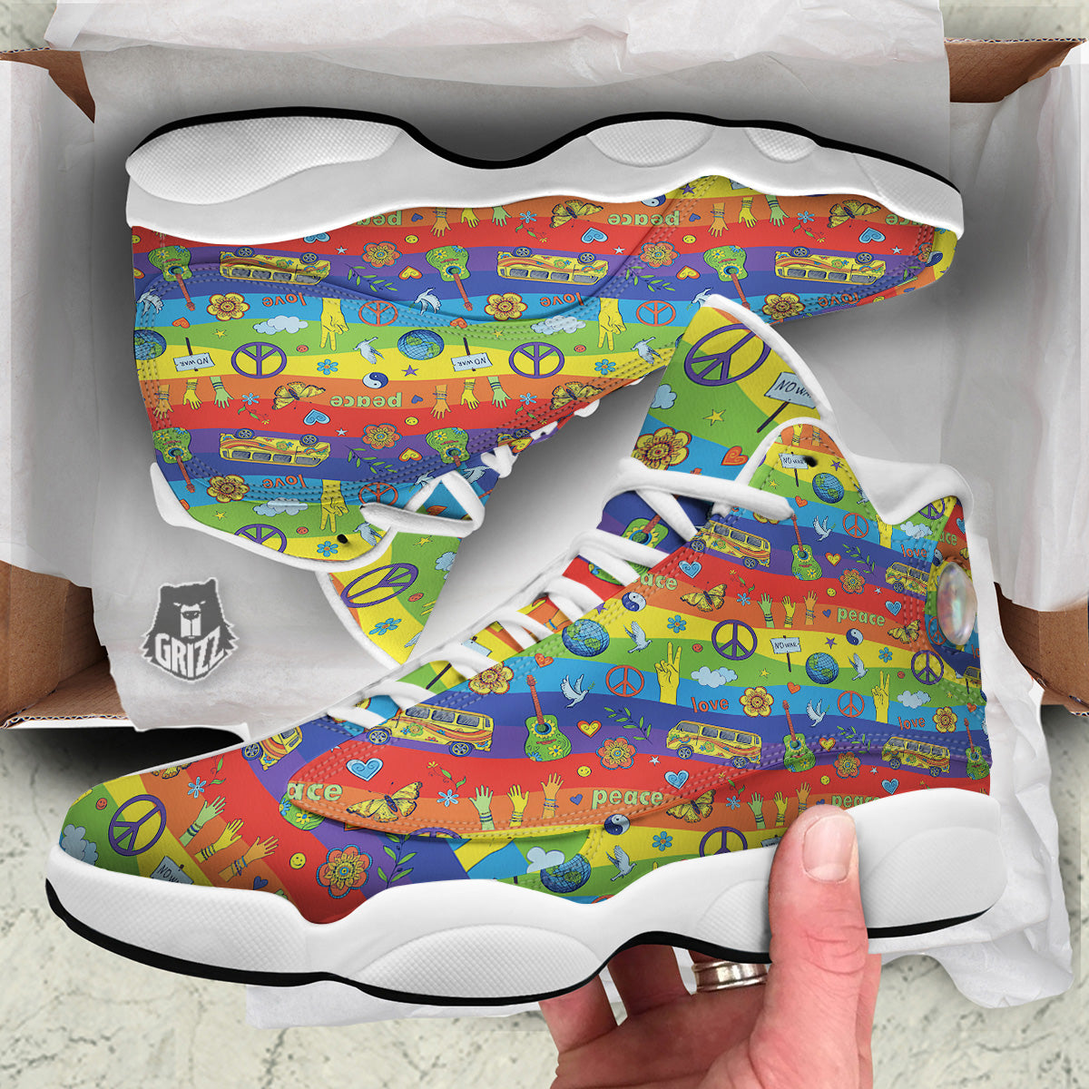 Hippie Drawing Psychedelic Wave Print Pattern White Basketball Shoes-grizzshop