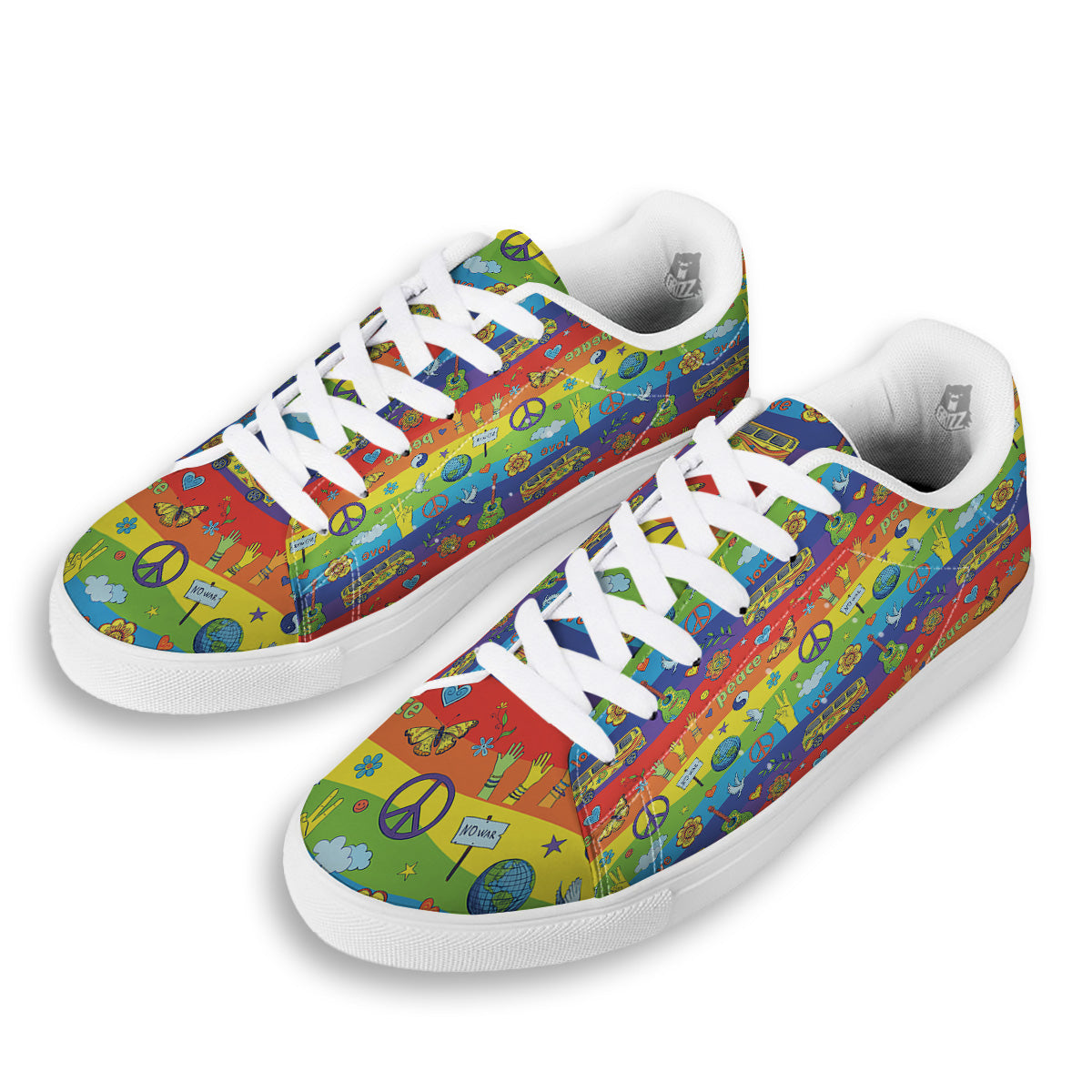 Hippie Drawing Psychedelic Wave Print Pattern White Low Top Sneakers-grizzshop