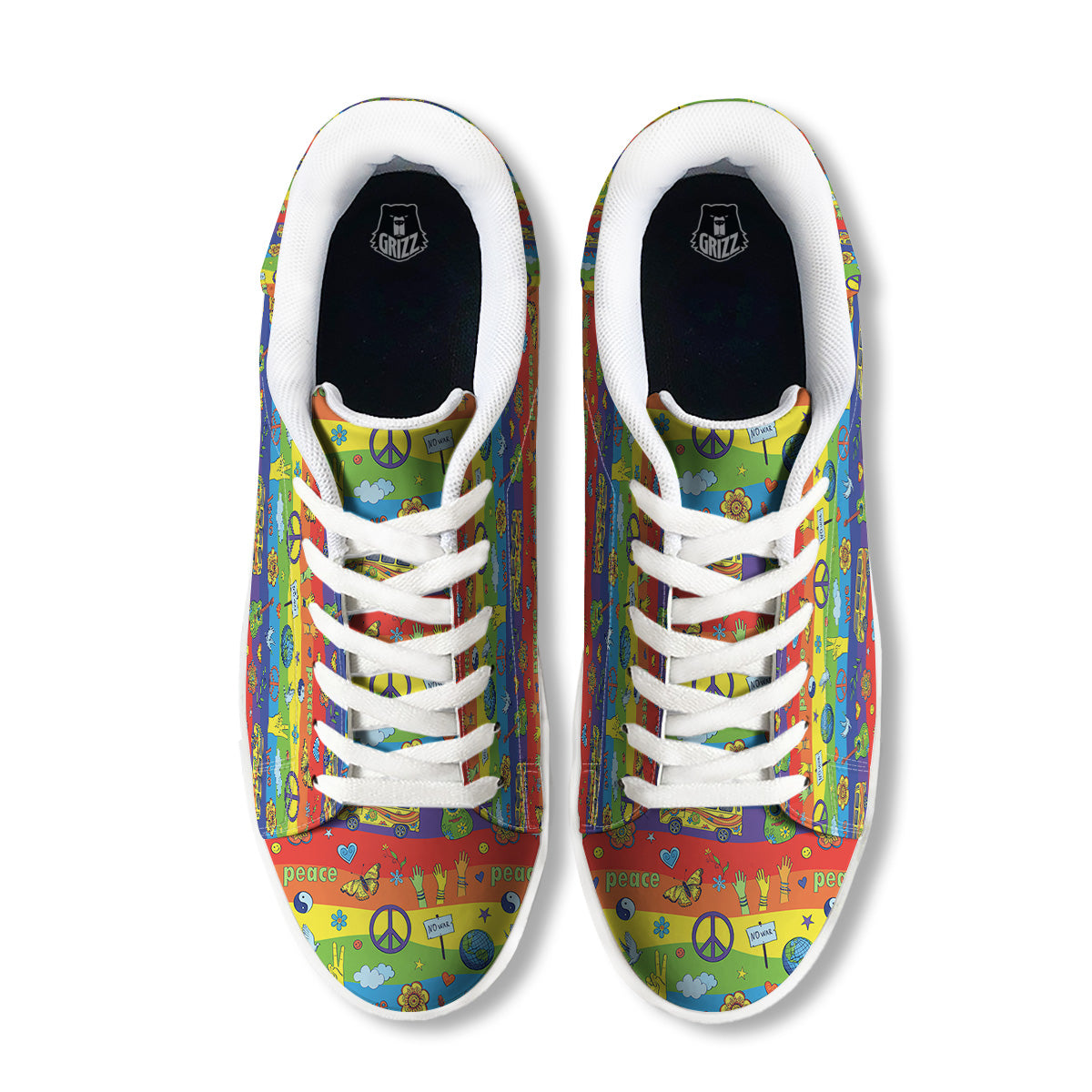 Hippie Drawing Psychedelic Wave Print Pattern White Low Top Sneakers-grizzshop
