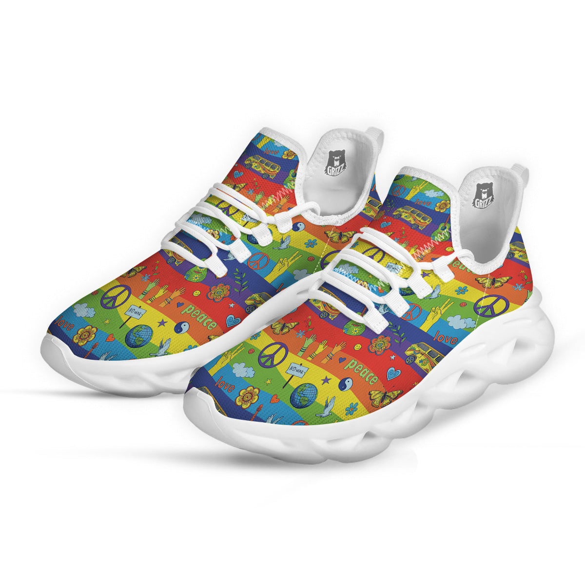 Hippie Drawing Psychedelic Wave Print Pattern White Running Shoes-grizzshop