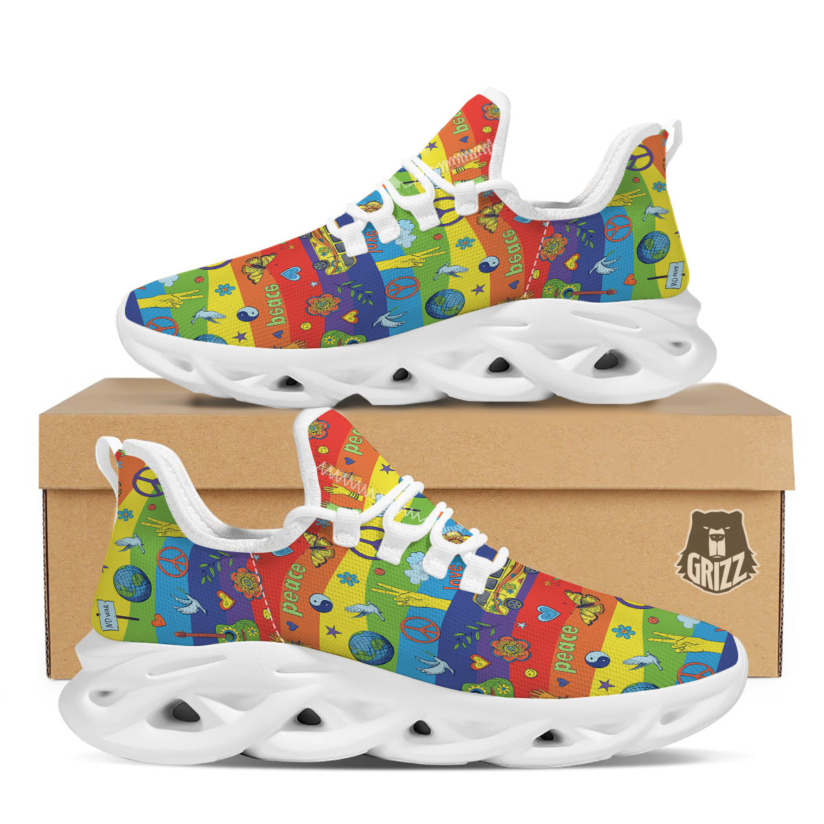 Hippie Drawing Psychedelic Wave Print Pattern White Running Shoes-grizzshop