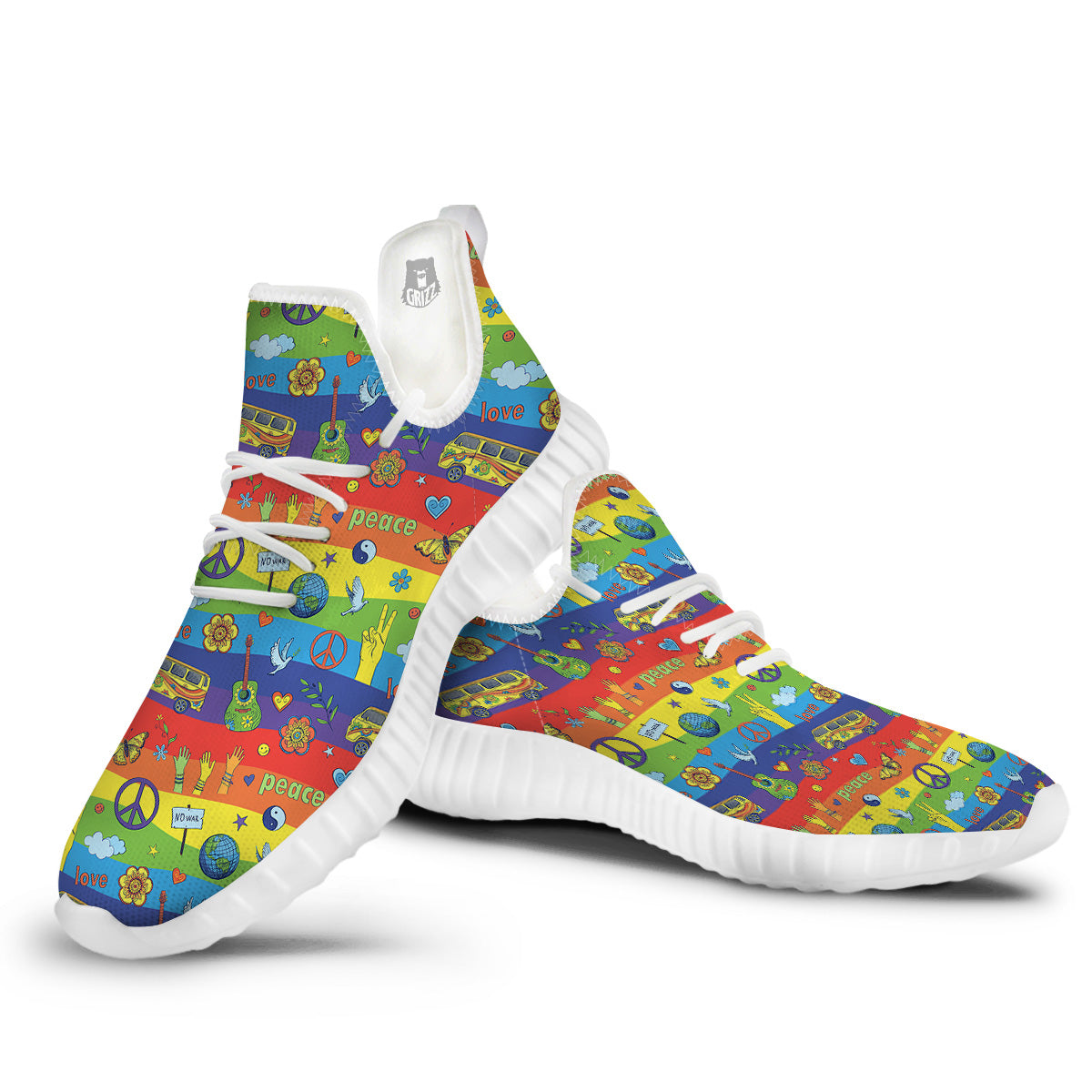Hippie Drawing Psychedelic Wave Print Pattern White Walking Shoes-grizzshop