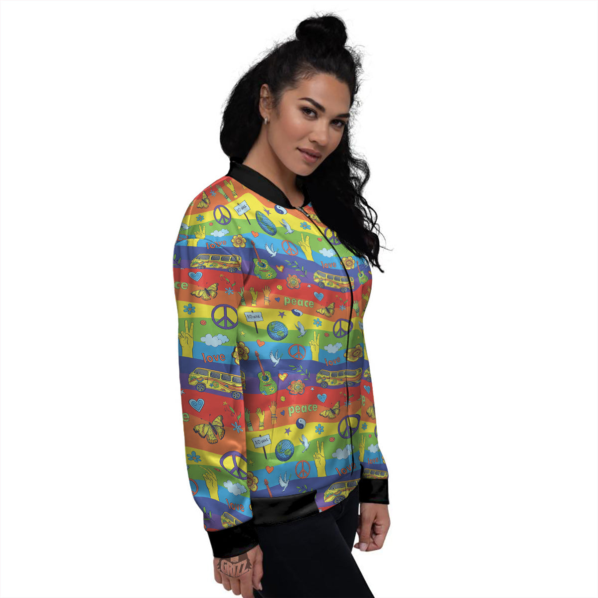 Hippie Drawing Psychedelic Wave Print Pattern Women's Bomber Jacket-grizzshop