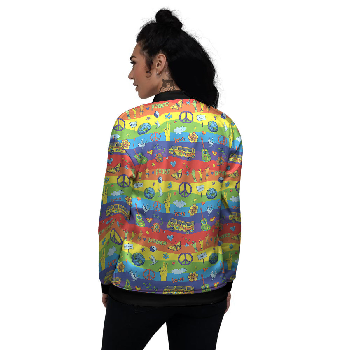Hippie Drawing Psychedelic Wave Print Pattern Women's Bomber Jacket-grizzshop