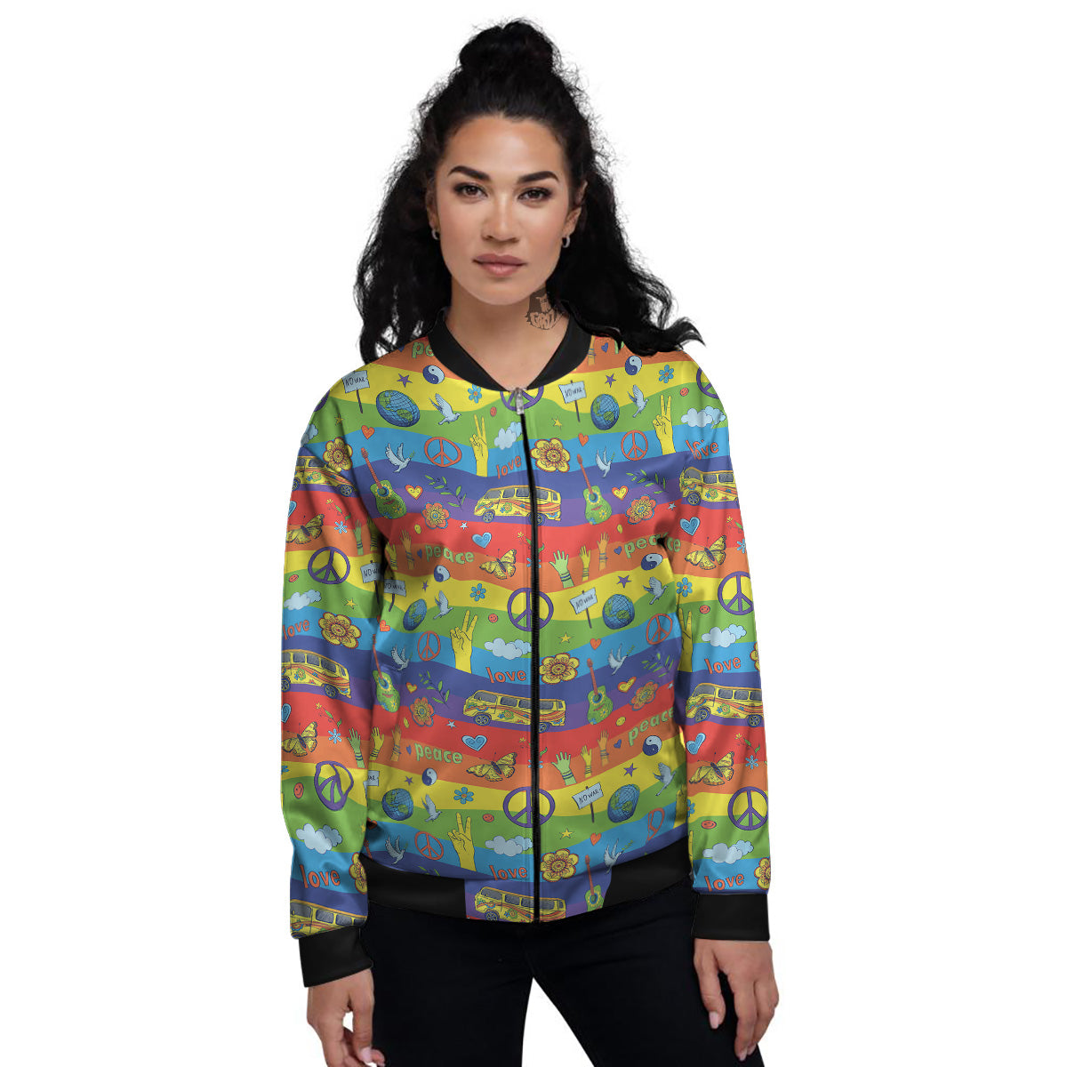 Hippie Drawing Psychedelic Wave Print Pattern Women's Bomber Jacket-grizzshop