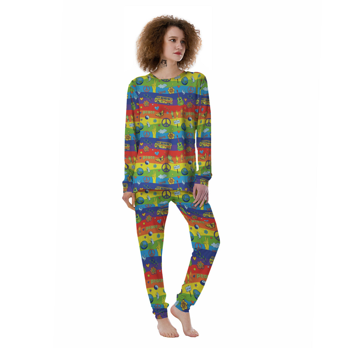 Hippie Drawing Psychedelic Wave Print Pattern Women's Pajamas-grizzshop