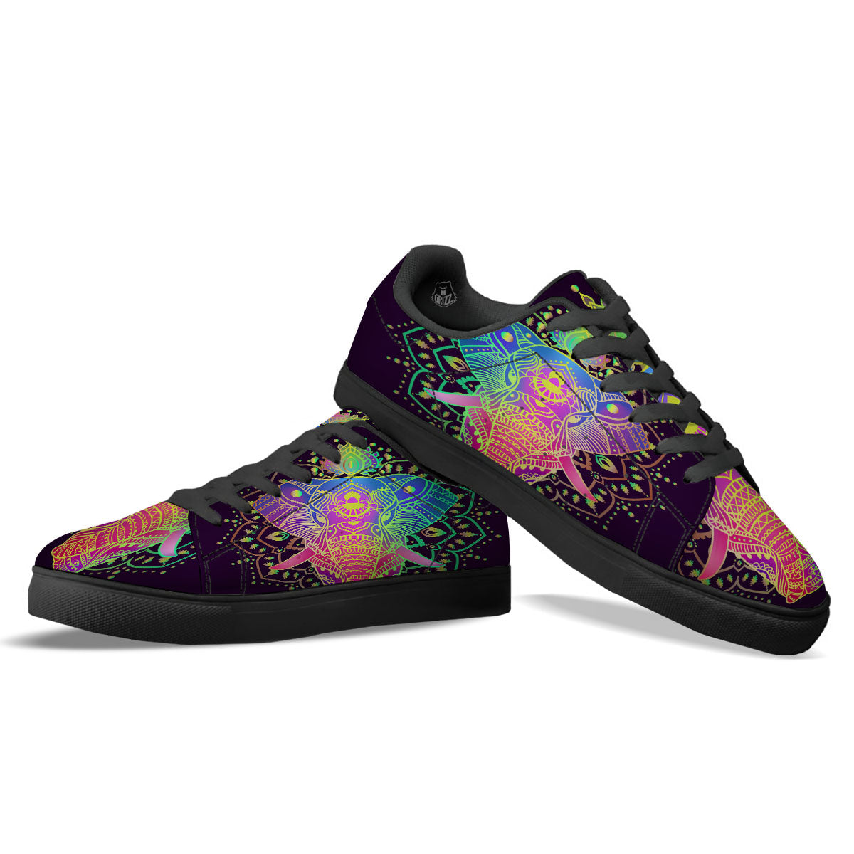 Hippie Elephant Indian Boho Print Black Low Top Sneakers-grizzshop