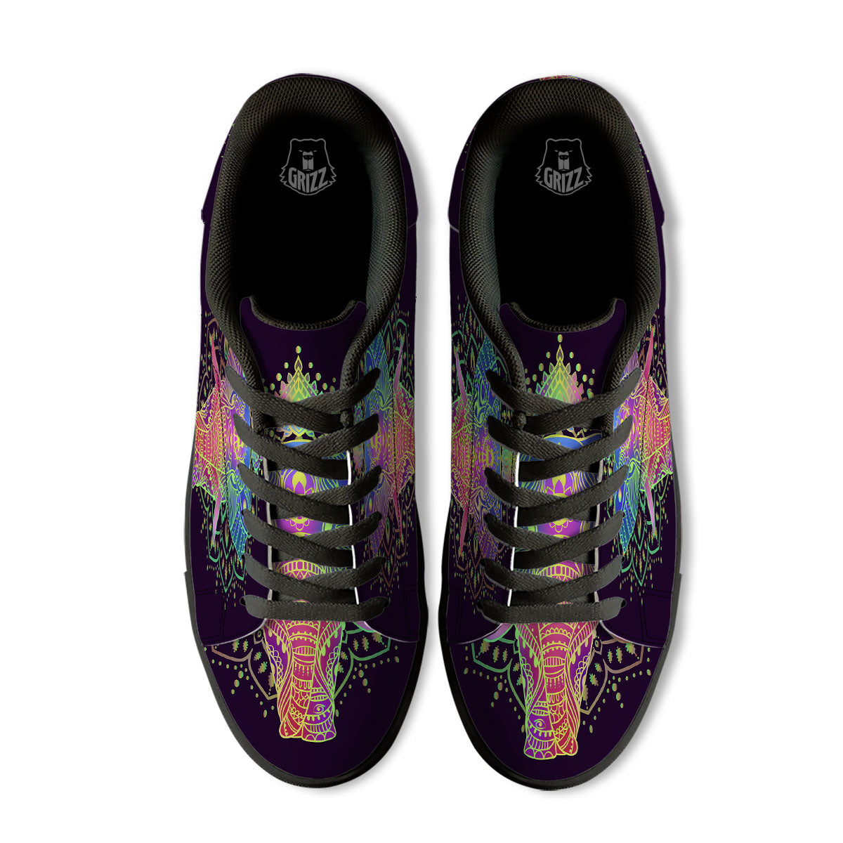 Hippie Elephant Indian Boho Print Black Low Top Sneakers-grizzshop