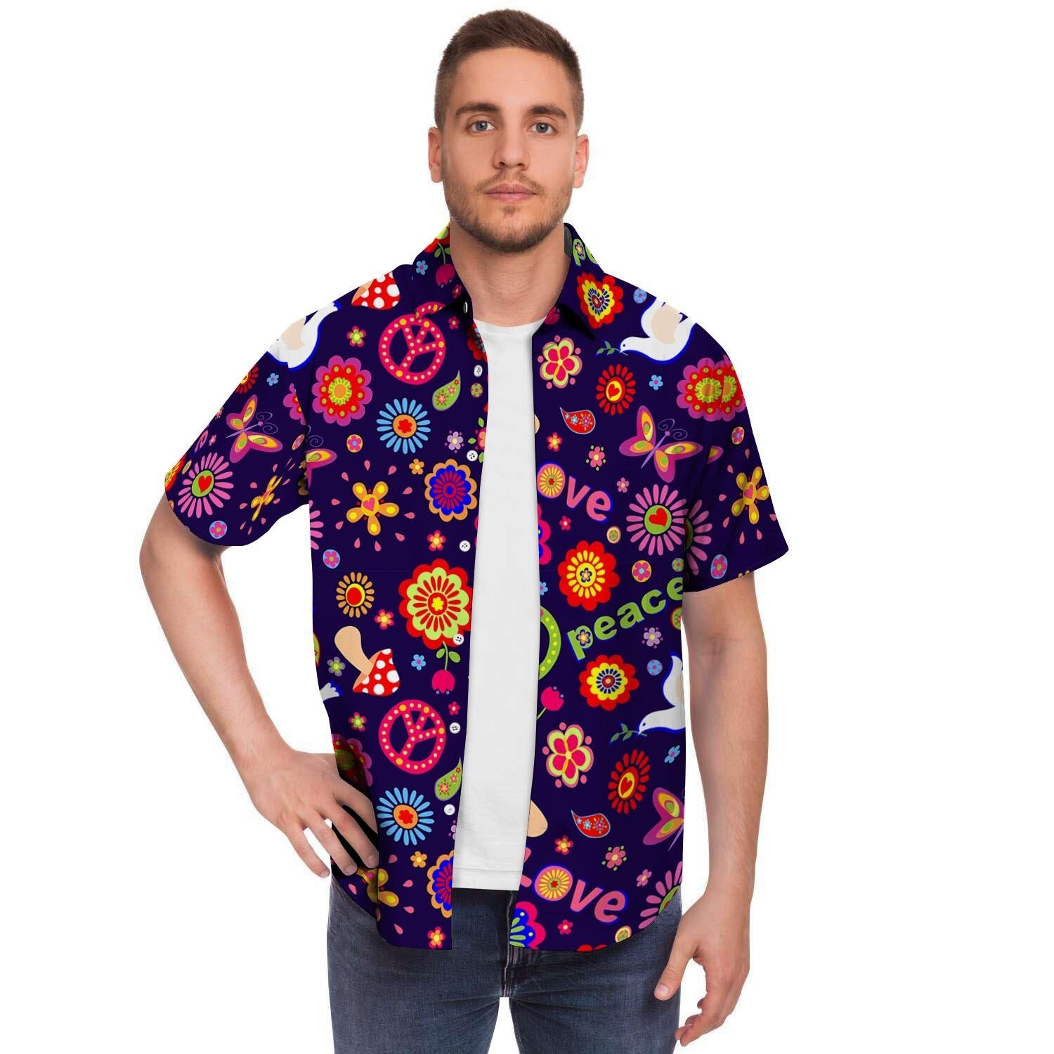 Hippie Floral Men's Short Sleeve Shirt-grizzshop