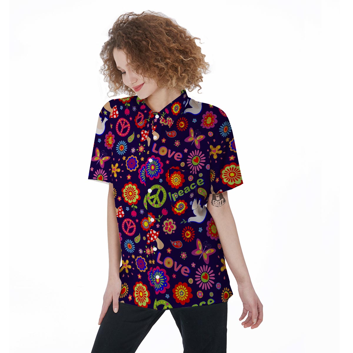 Hippie Floral Women's Short Sleeve Shirts-grizzshop