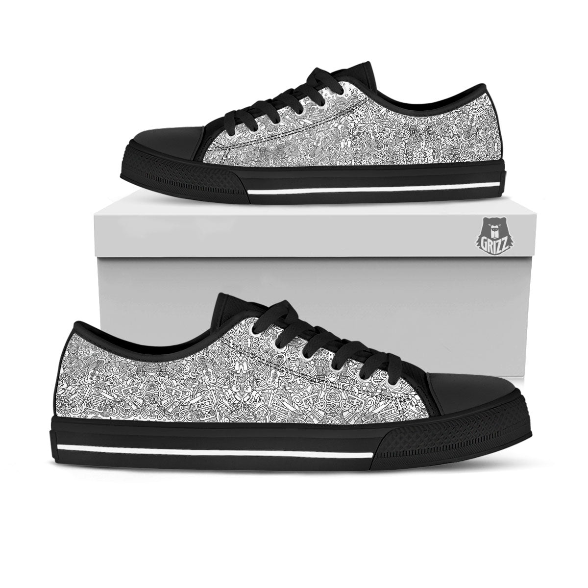 Hippie Graffiti Monochrome Print Pattern Black Low Top Shoes-grizzshop