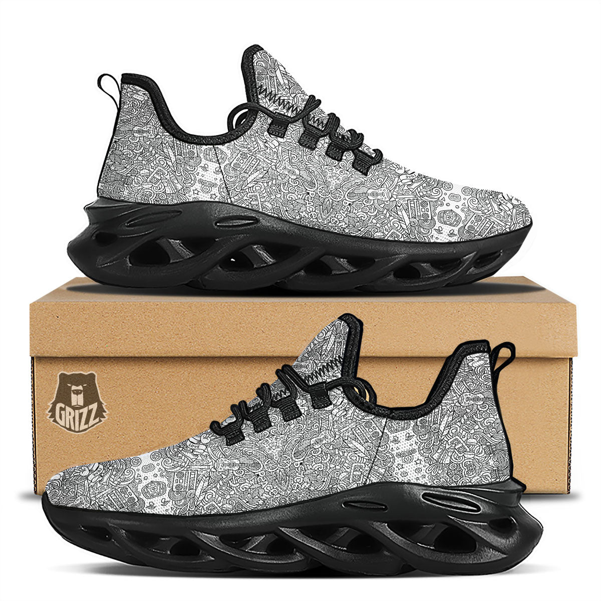 Hippie Graffiti Monochrome Print Pattern Black Running Shoes-grizzshop