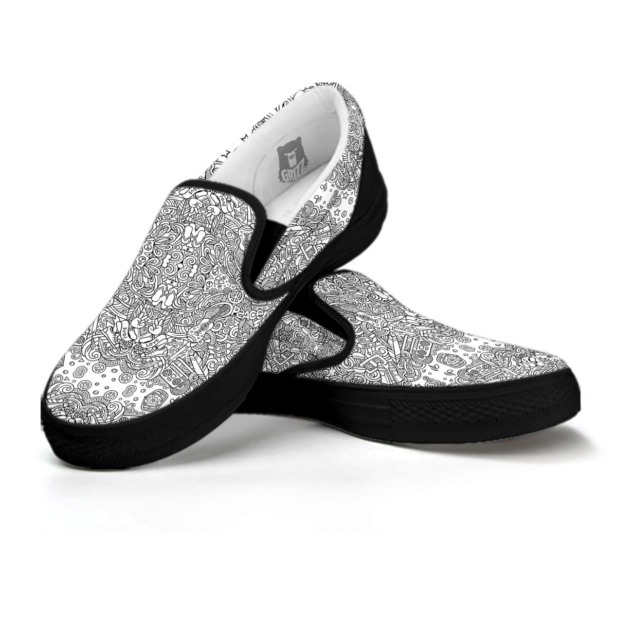 Hippie Graffiti Monochrome Print Pattern Black Slip On Shoes-grizzshop