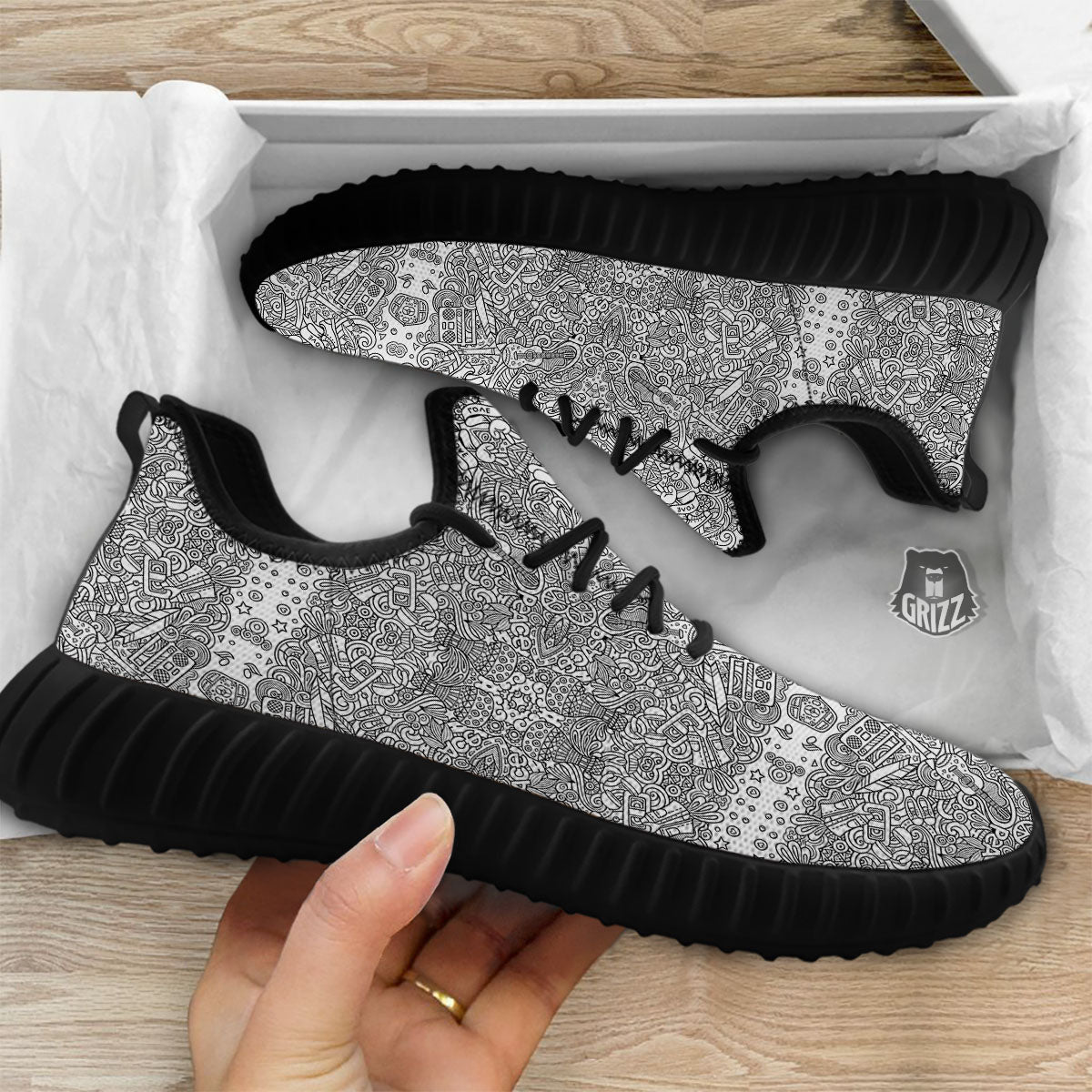 Hippie Graffiti Monochrome Print Pattern Black Walking Shoes-grizzshop