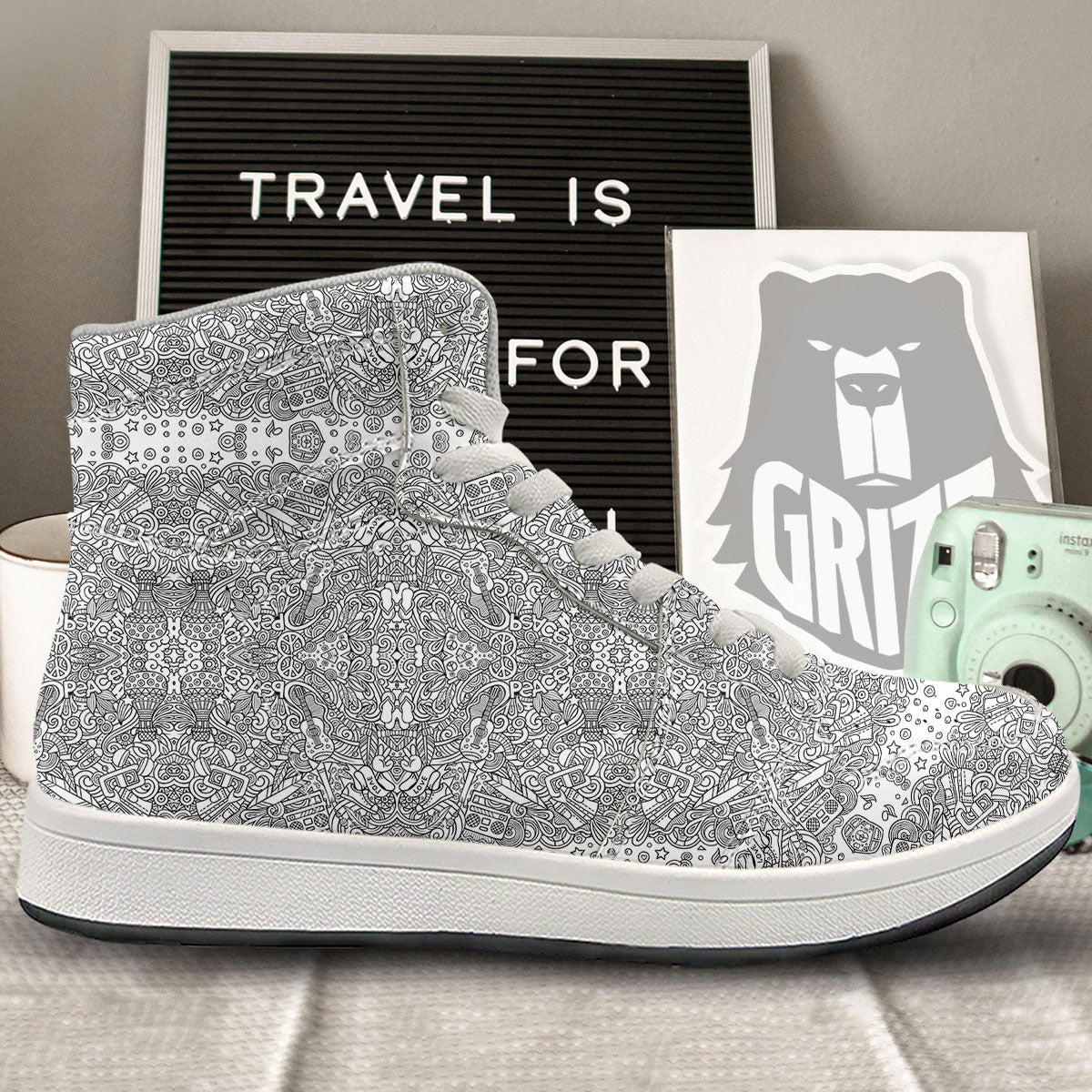 Hippie Graffiti Monochrome Print Pattern High Top Sneakers-grizzshop