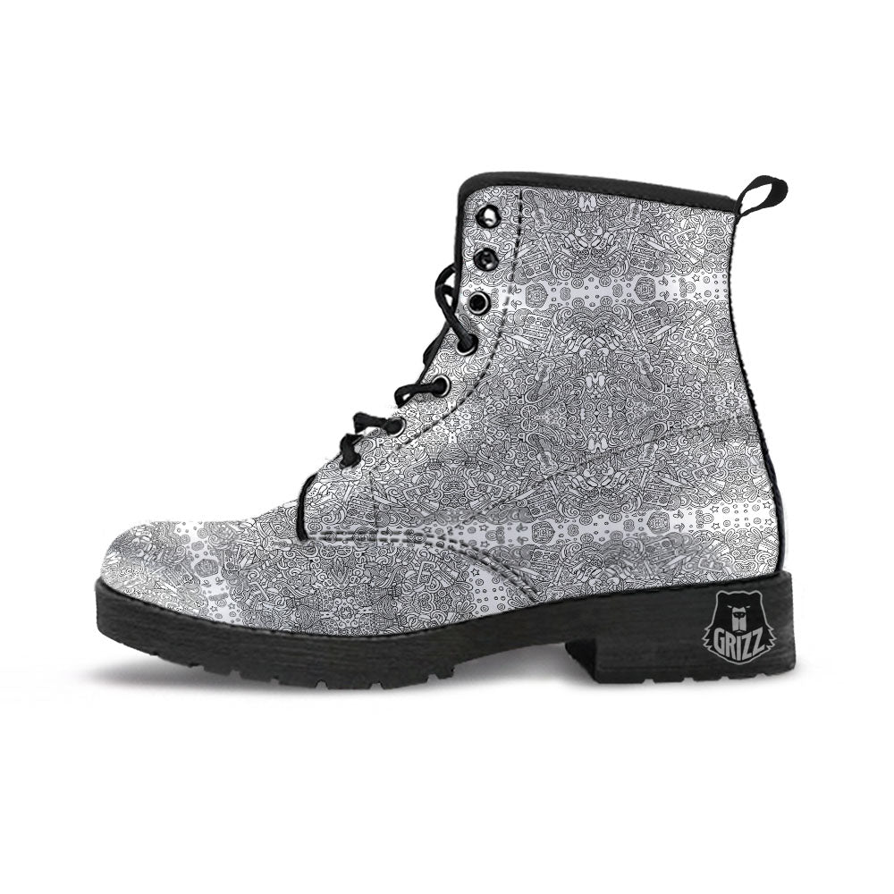 Hippie Graffiti Monochrome Print Pattern Leather Boots-grizzshop