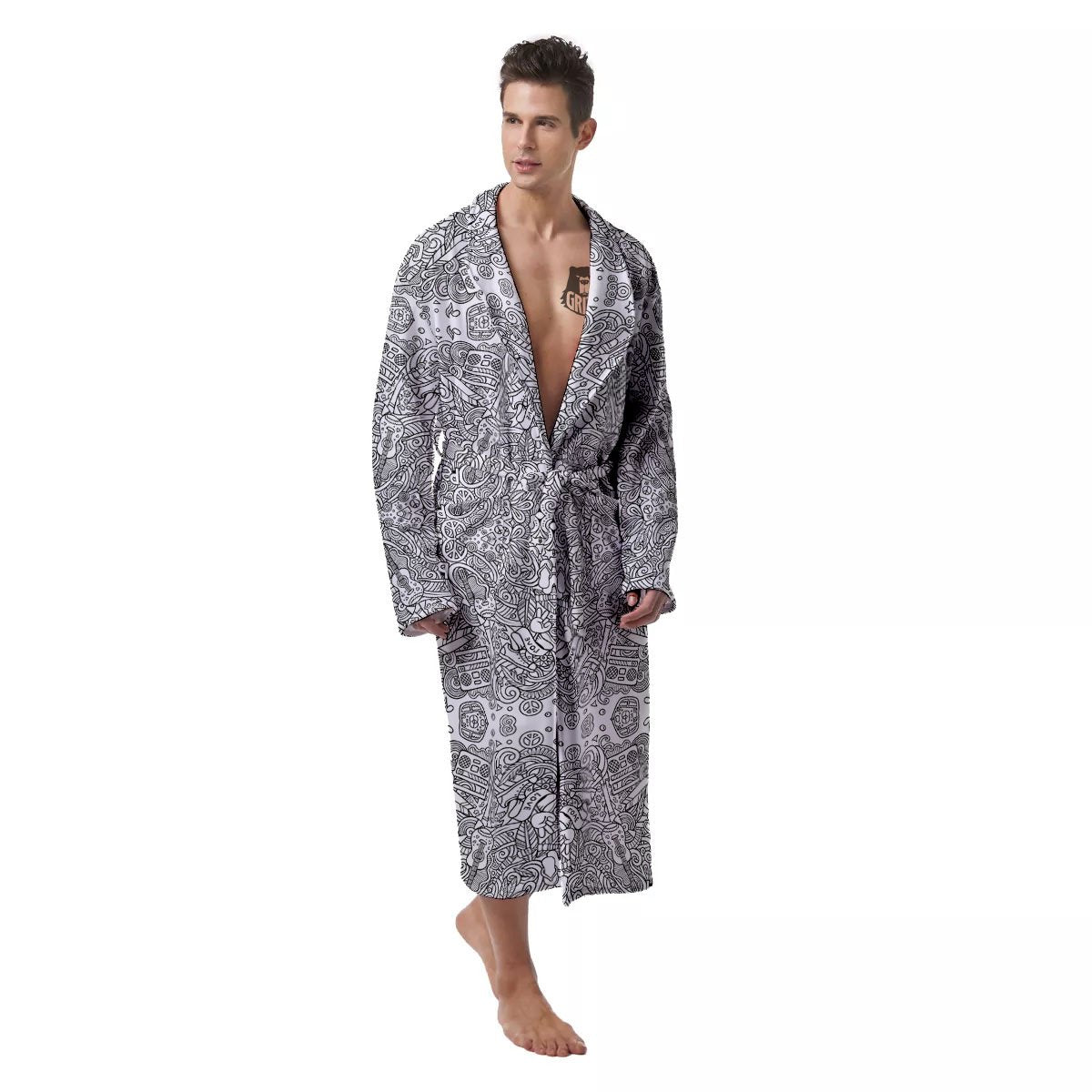 Hippie Graffiti Monochrome Print Pattern Men's Robe-grizzshop