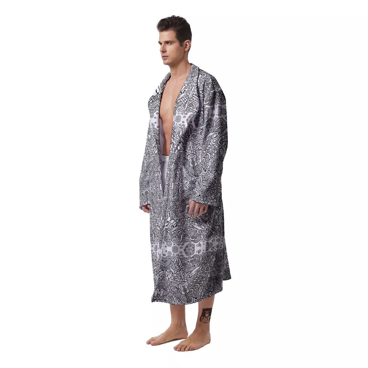 Hippie Graffiti Monochrome Print Pattern Men's Robe-grizzshop
