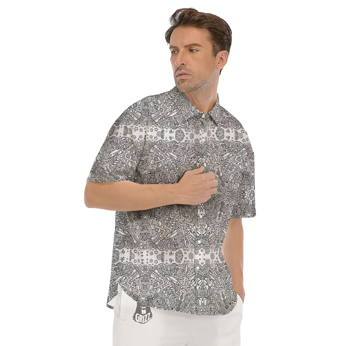 Hippie Graffiti Monochrome Print Pattern Men's Short Sleeve Shirts-grizzshop