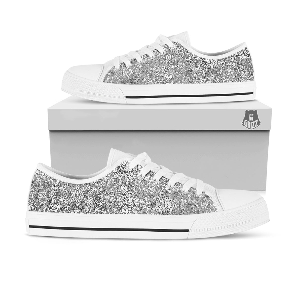 Hippie Graffiti Monochrome Print Pattern White Low Top Shoes-grizzshop