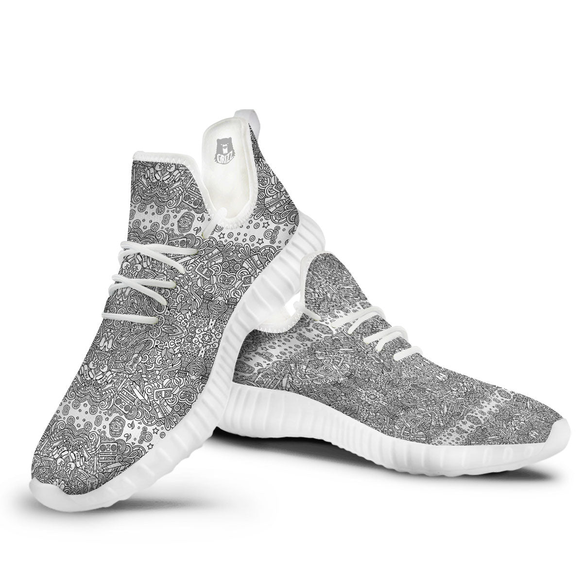 Hippie Graffiti Monochrome Print Pattern White Walking Shoes-grizzshop