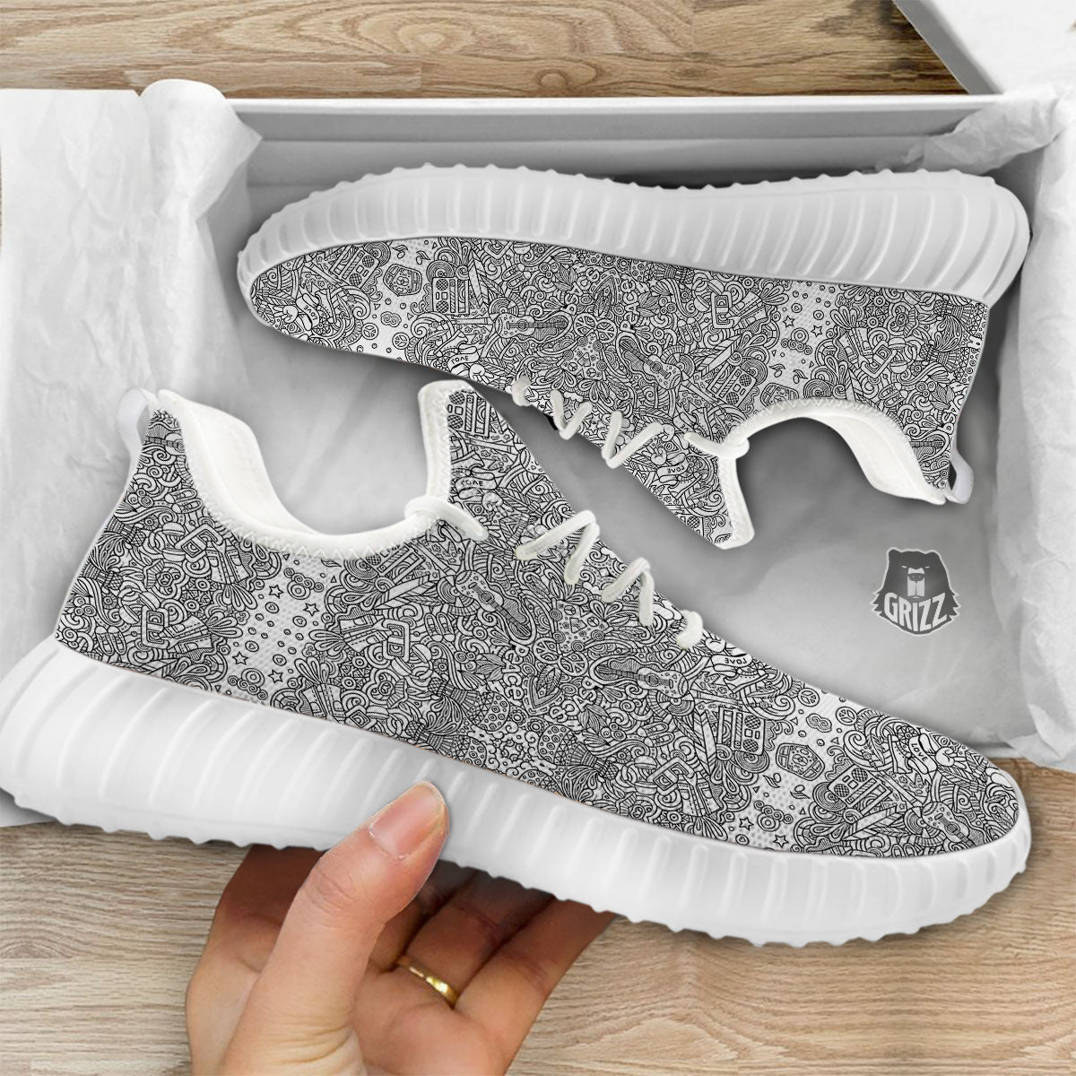 Hippie Graffiti Monochrome Print Pattern White Walking Shoes-grizzshop