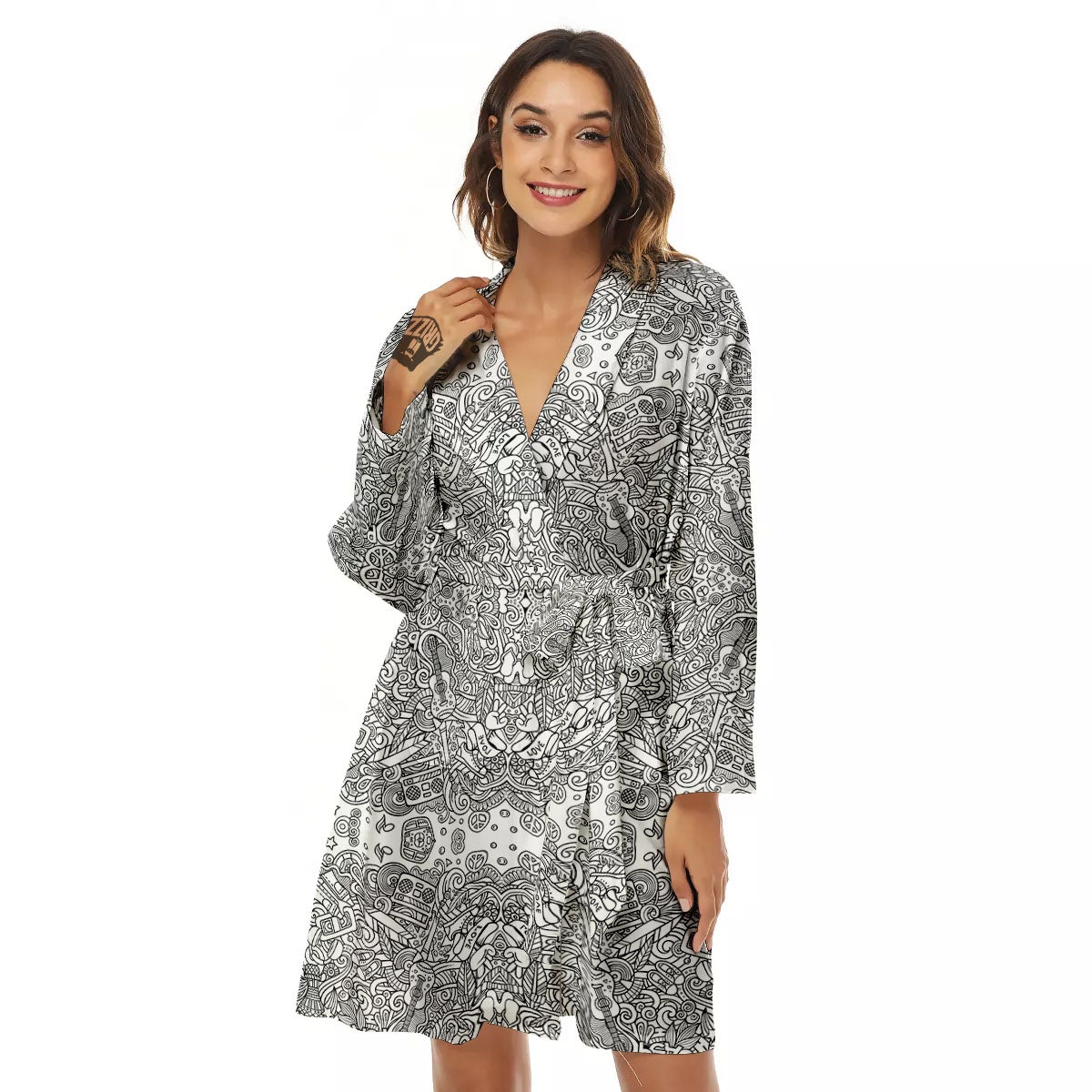 Hippie Graffiti Monochrome Print Pattern Women's Robe-grizzshop