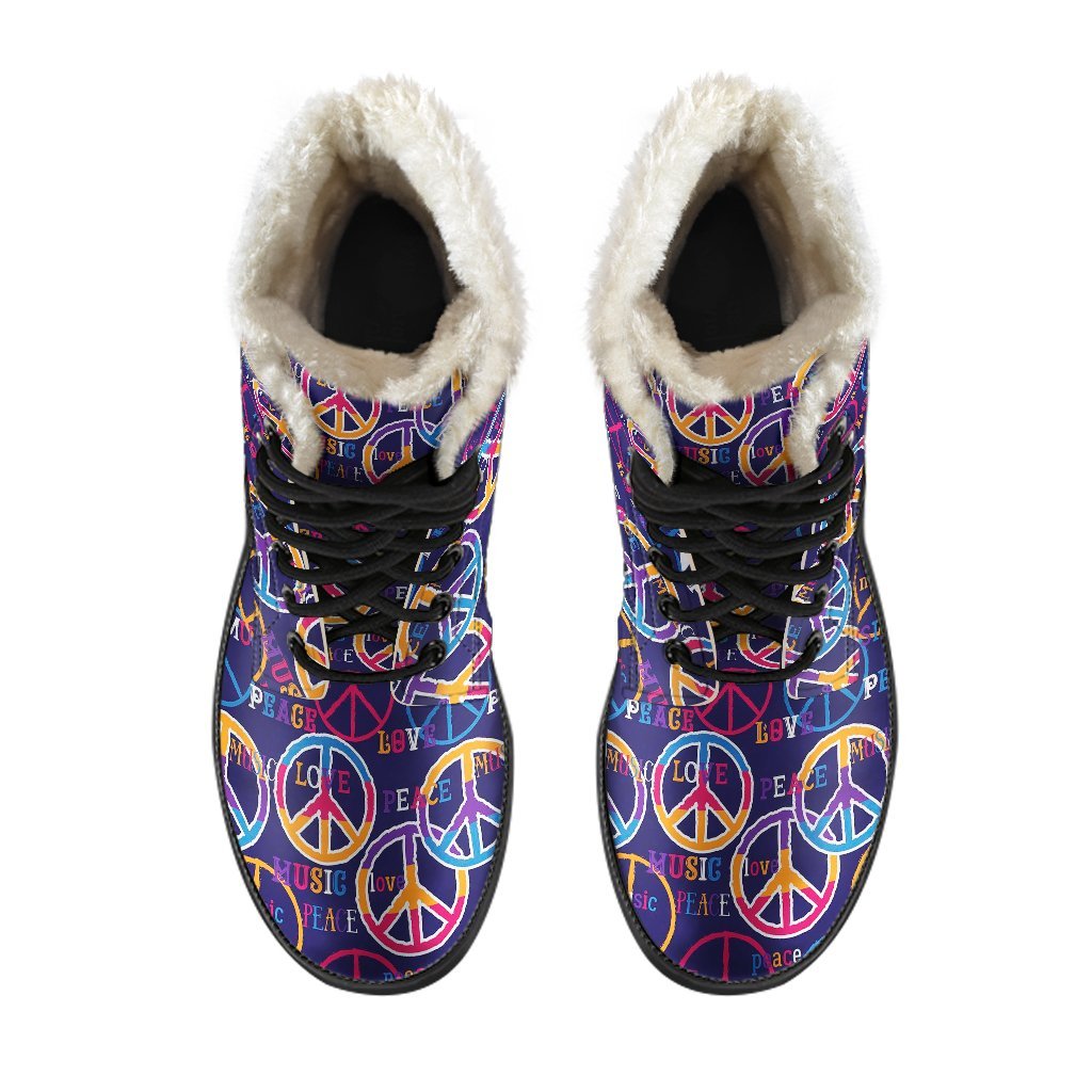 Hippie Music Van Peace Sign Pattern Print Comfy Winter Boots-grizzshop