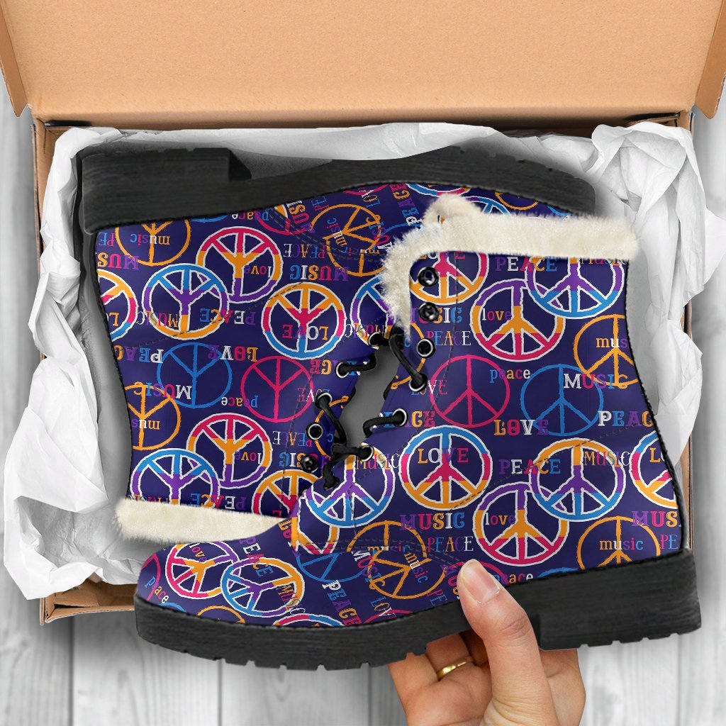 Hippie Music Van Peace Sign Pattern Print Comfy Winter Boots-grizzshop
