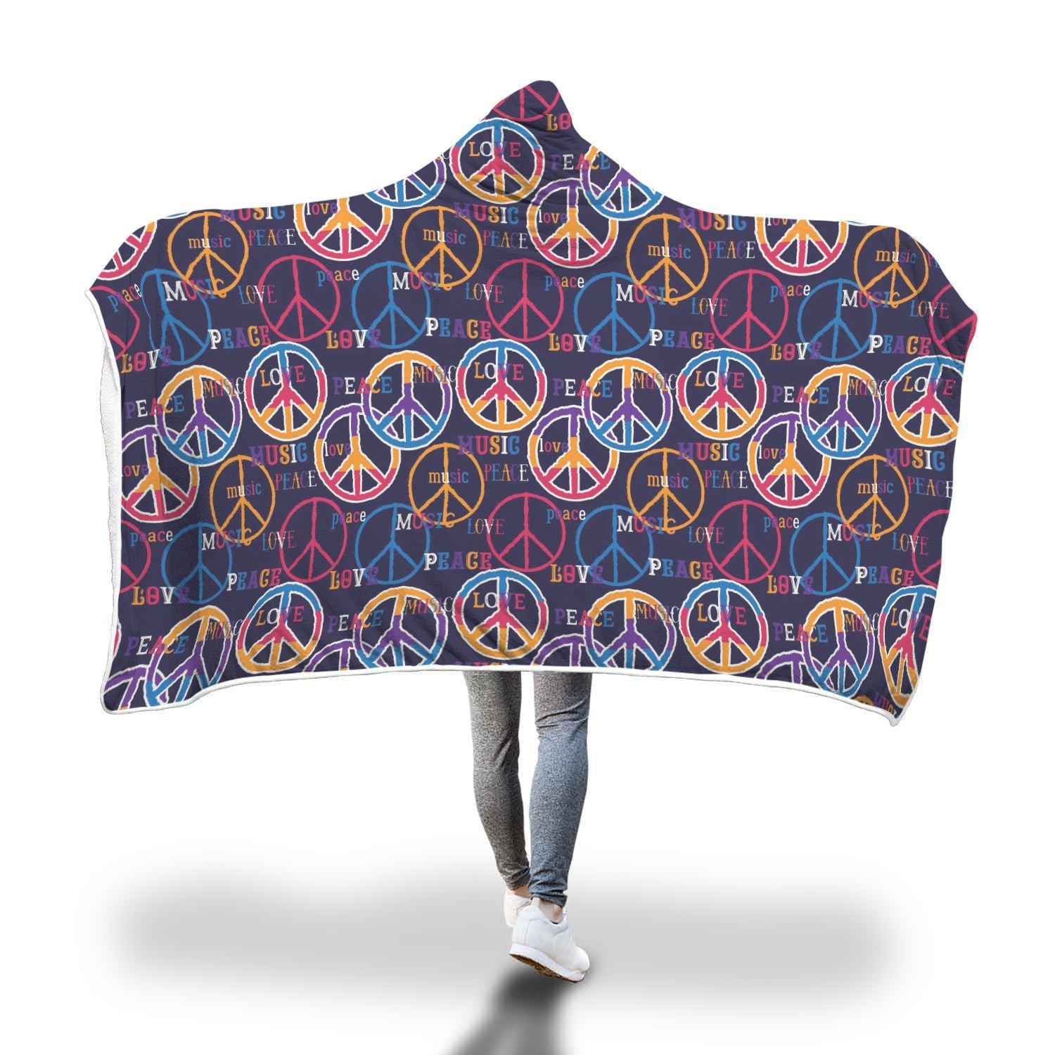 Hippie Music Van Peace Sign Pattern Print Hooded Blanket-grizzshop