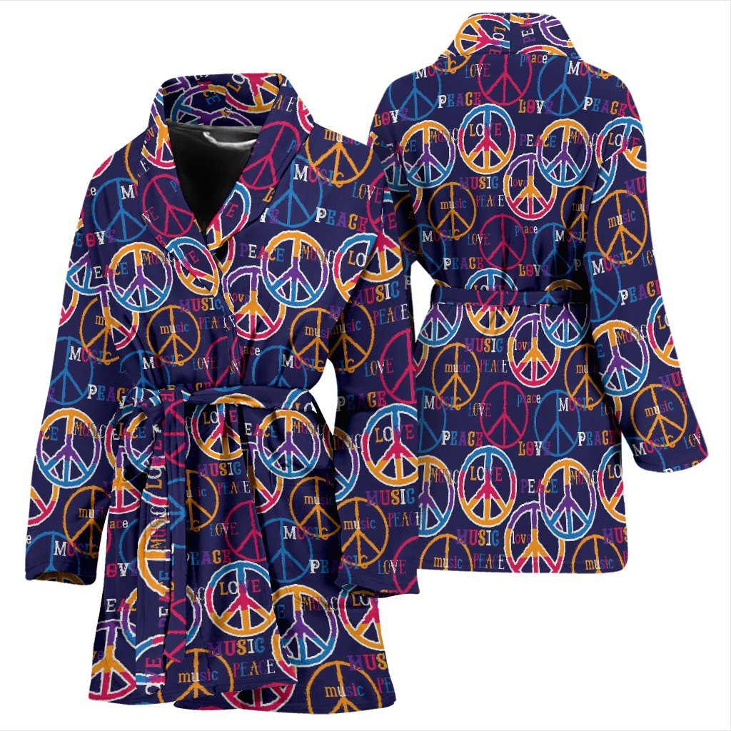 Hippie Music Van Peace Sign Pattern Print Women Long Robe-grizzshop