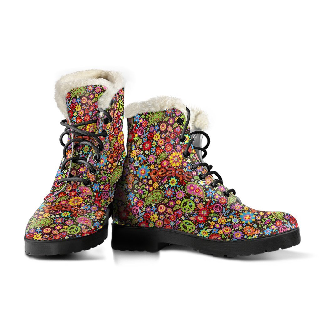Hippie Paisley Floral Peace Sign Pattern Print Comfy Winter Boots-grizzshop