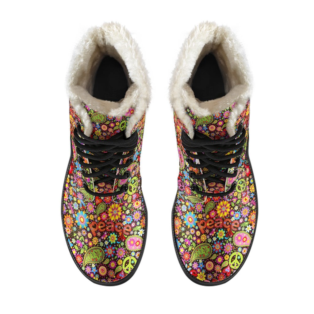 Hippie Paisley Floral Peace Sign Pattern Print Comfy Winter Boots-grizzshop