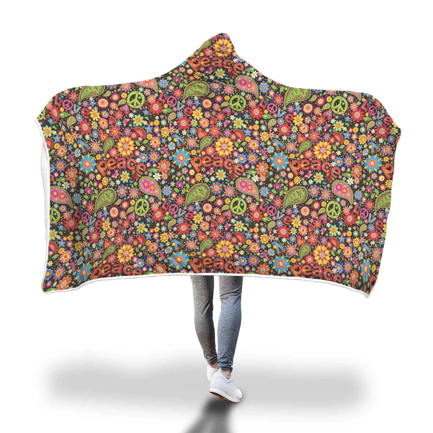 Hippie Paisley Floral Peace Sign Pattern Print Hooded Blanket-grizzshop