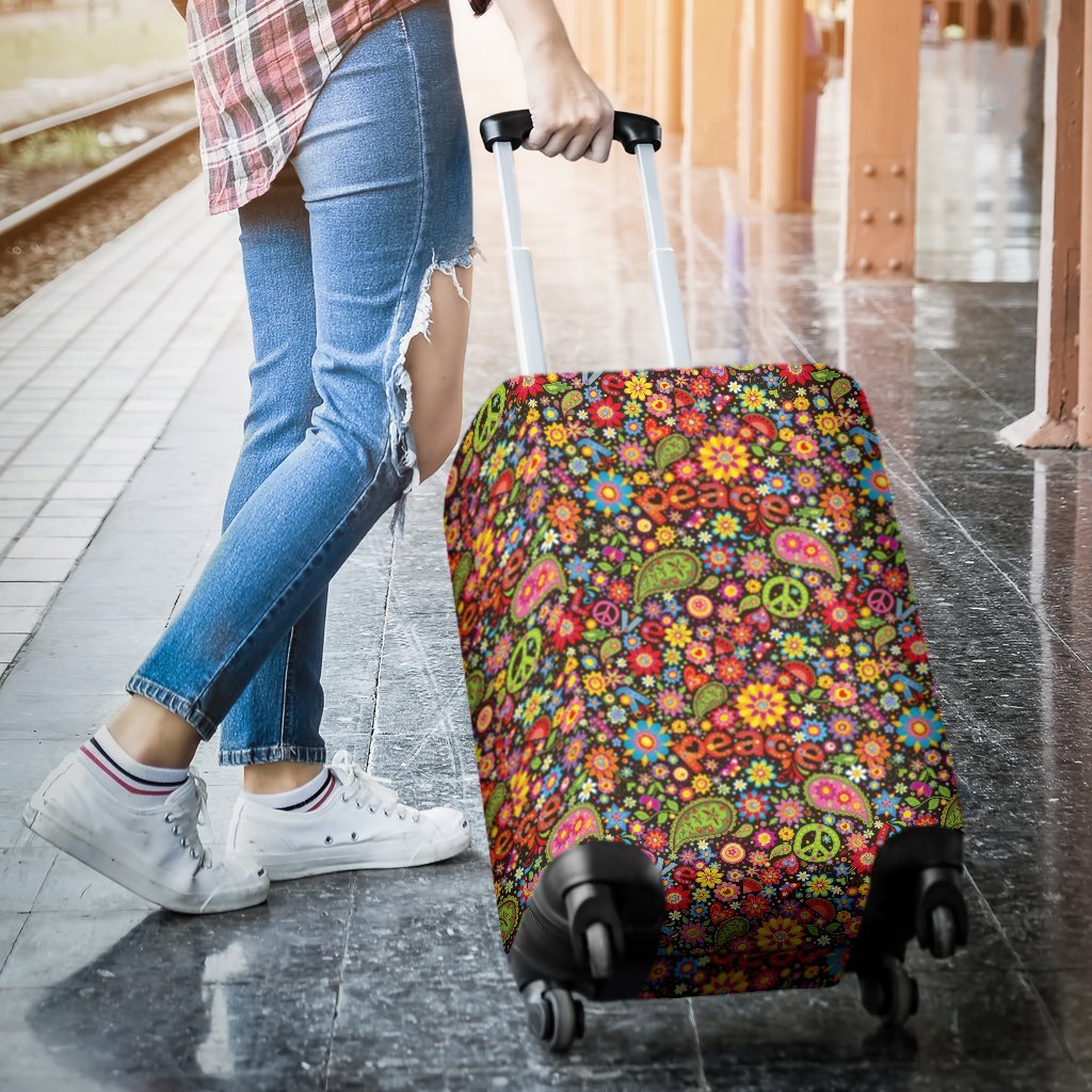 Hippie Paisley Floral Peace Sign Pattern Print Luggage Cover Protector-grizzshop