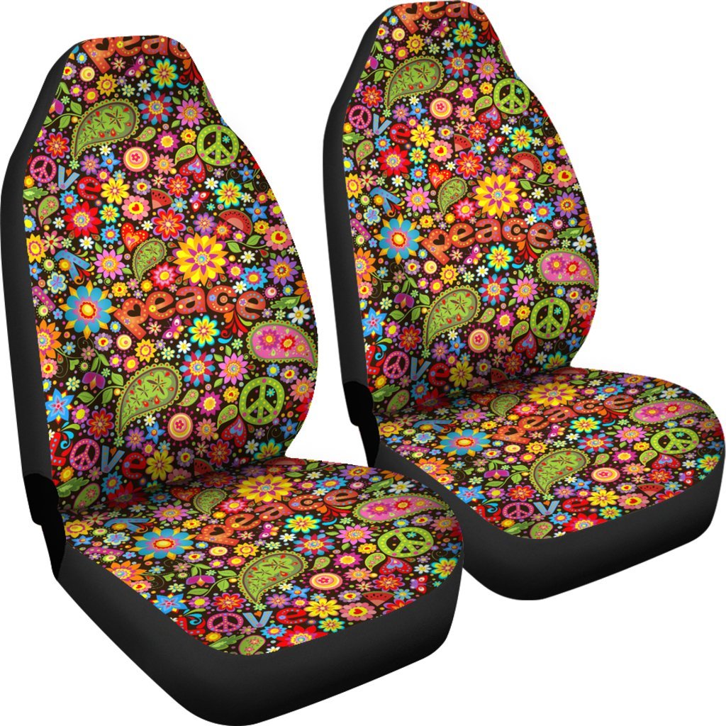 Hippie Paisley Floral Peace Sign Pattern Print Universal Fit Car Seat Cover-grizzshop