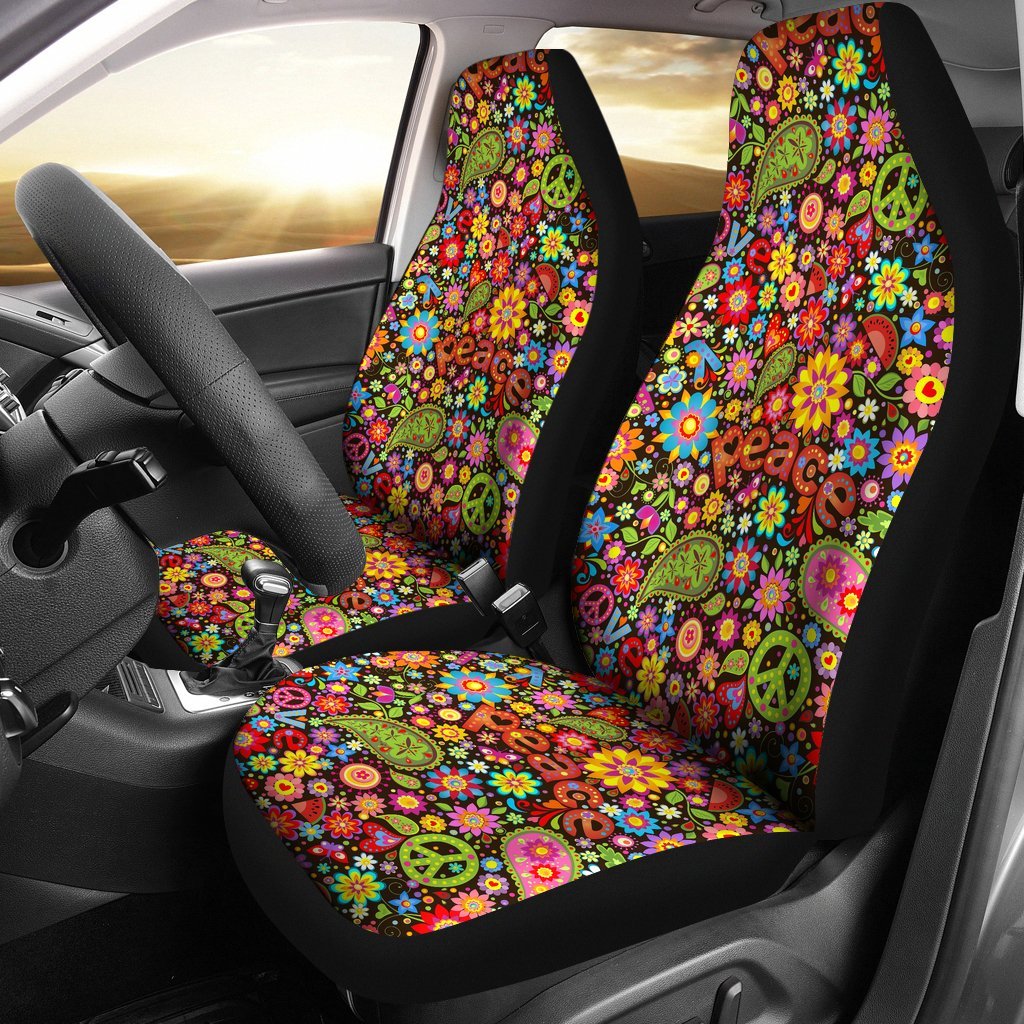 Hippie Paisley Floral Peace Sign Pattern Print Universal Fit Car Seat Cover-grizzshop
