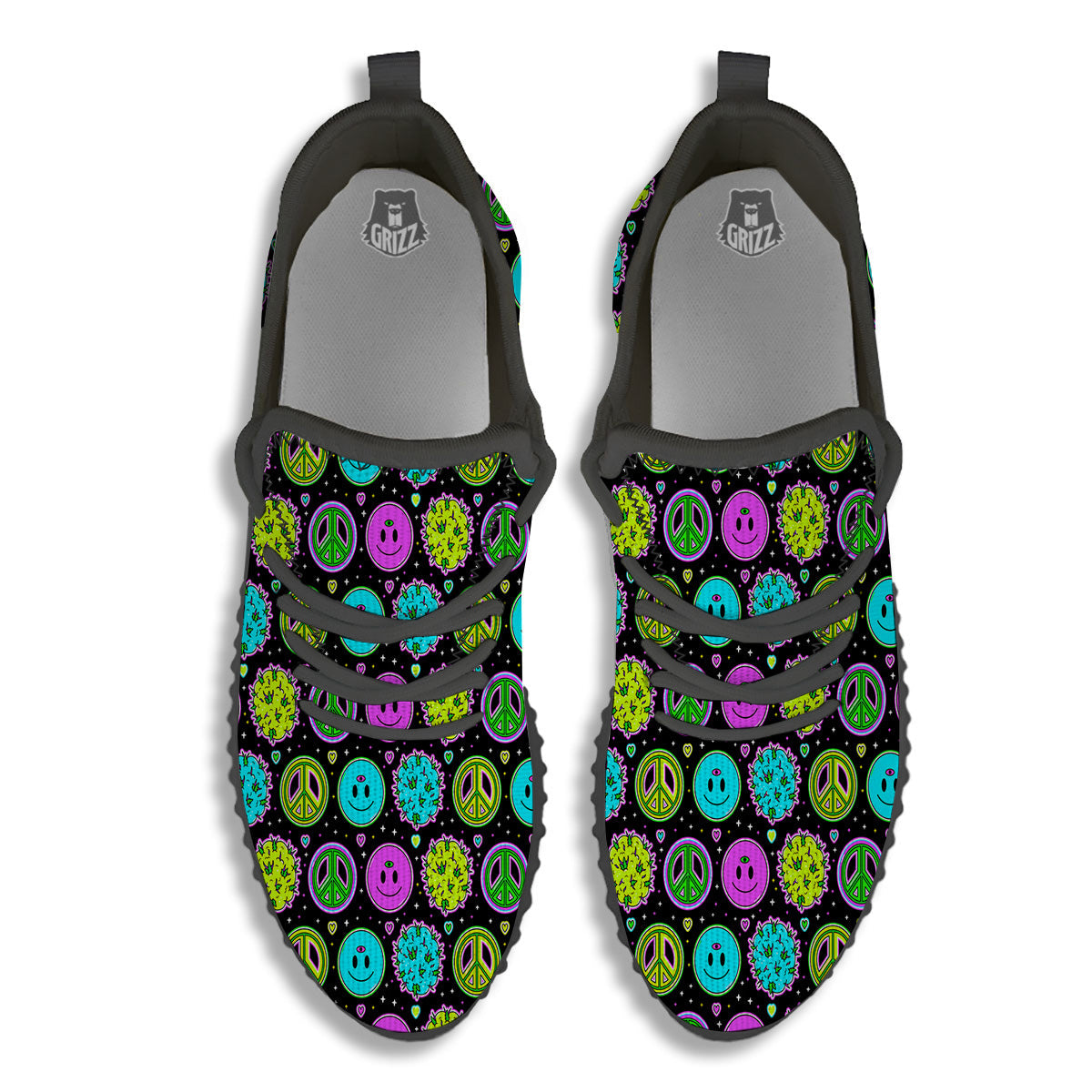 Hippie Peace Symbol And Weed Print Pattern Black Walking Shoes-grizzshop